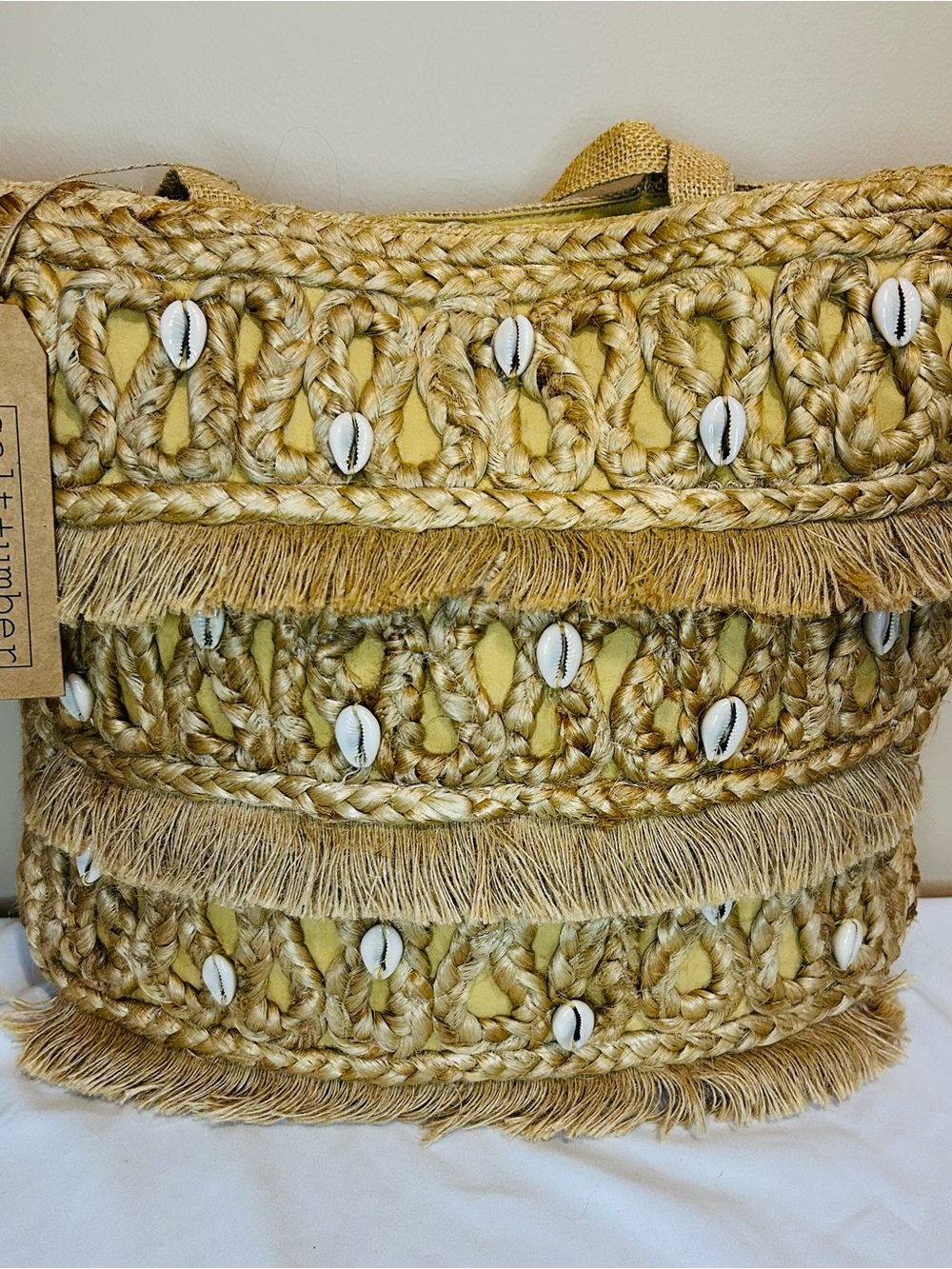 Natural Straw Shell Fringe Tote Bag - Yellow